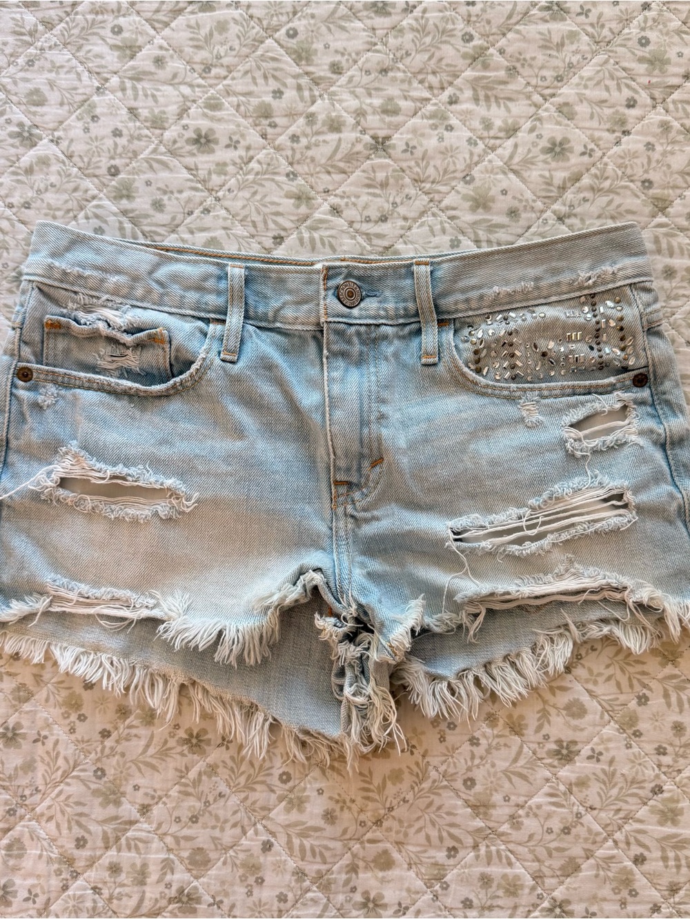 Abercrombie & Fitch light wash mini shorts
with rhinestone details